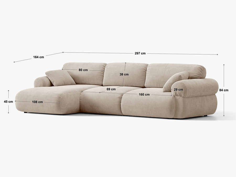 Hjørnesofa venstre Ophelia – fløyel / 297 × 164 cm