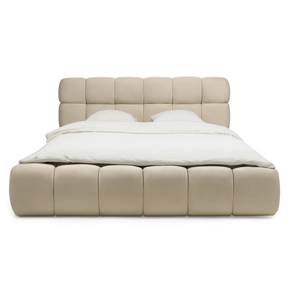 Nexo kontinentalseng – 160×200 cm, beige, med oppbevaring og myke organiske former