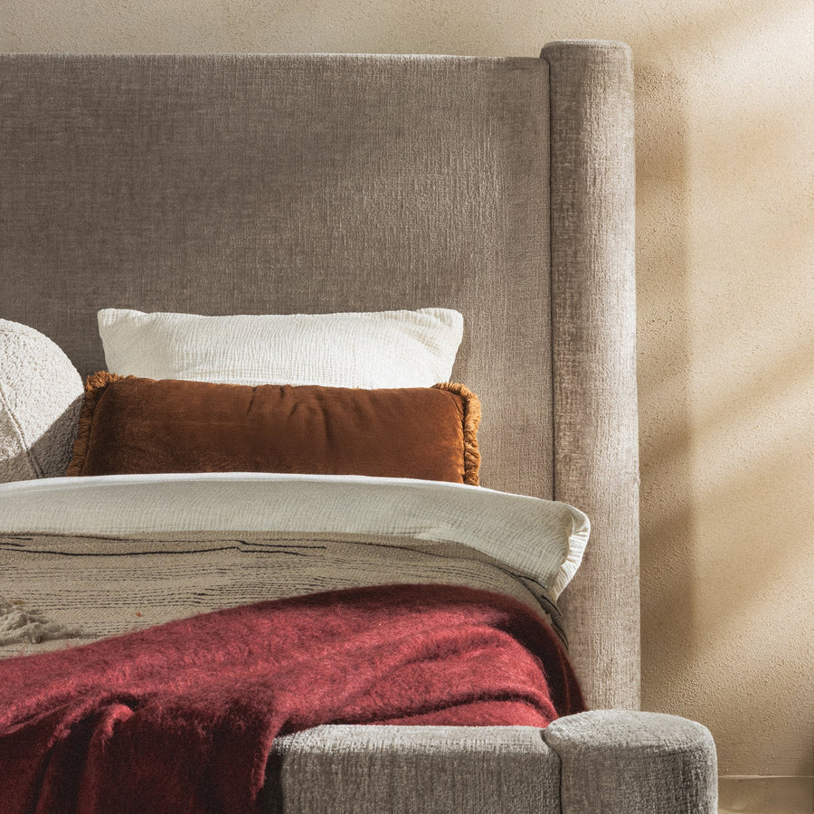 Zeni seng 160 × 200 – beige chenille med oppbevaring og høy gavl