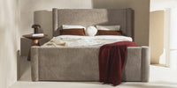Zeni seng 160×200 – beige chenille med oppbevaring og høy gavl