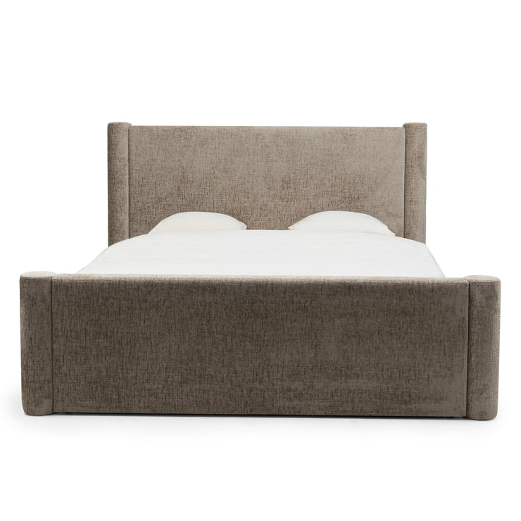 Zeni seng 160×200 – beige chenille med oppbevaring og høy gavl
