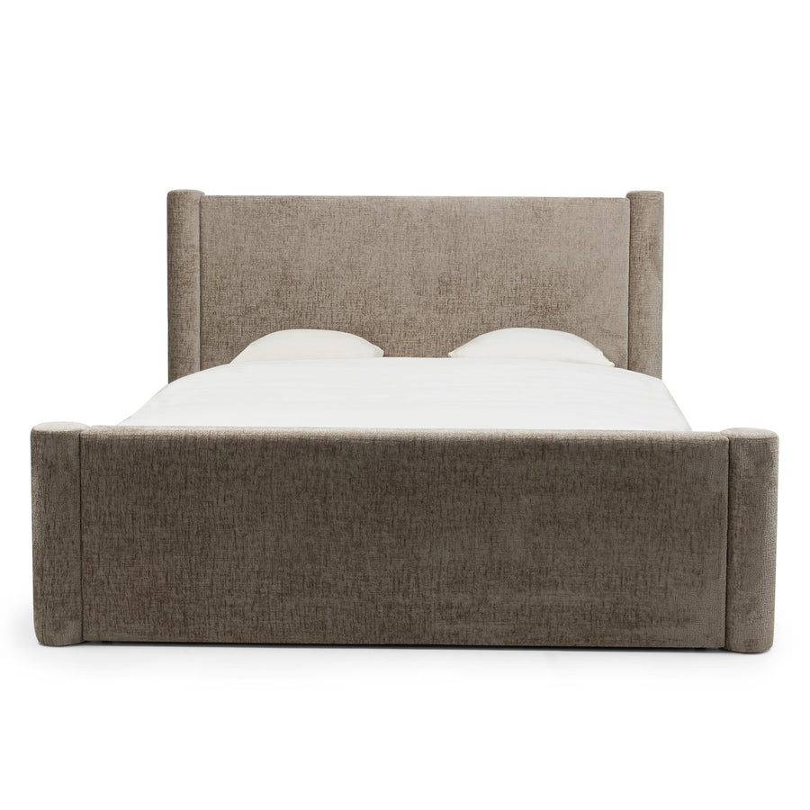 Zeni seng 160×200 – beige chenille med oppbevaring og høy gavl