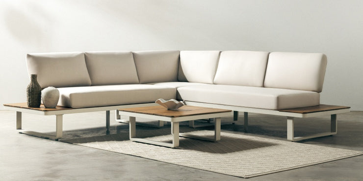 Porticato hagehjørnesofa 5-seter med bord og sidehyller – aluminium og akasietre