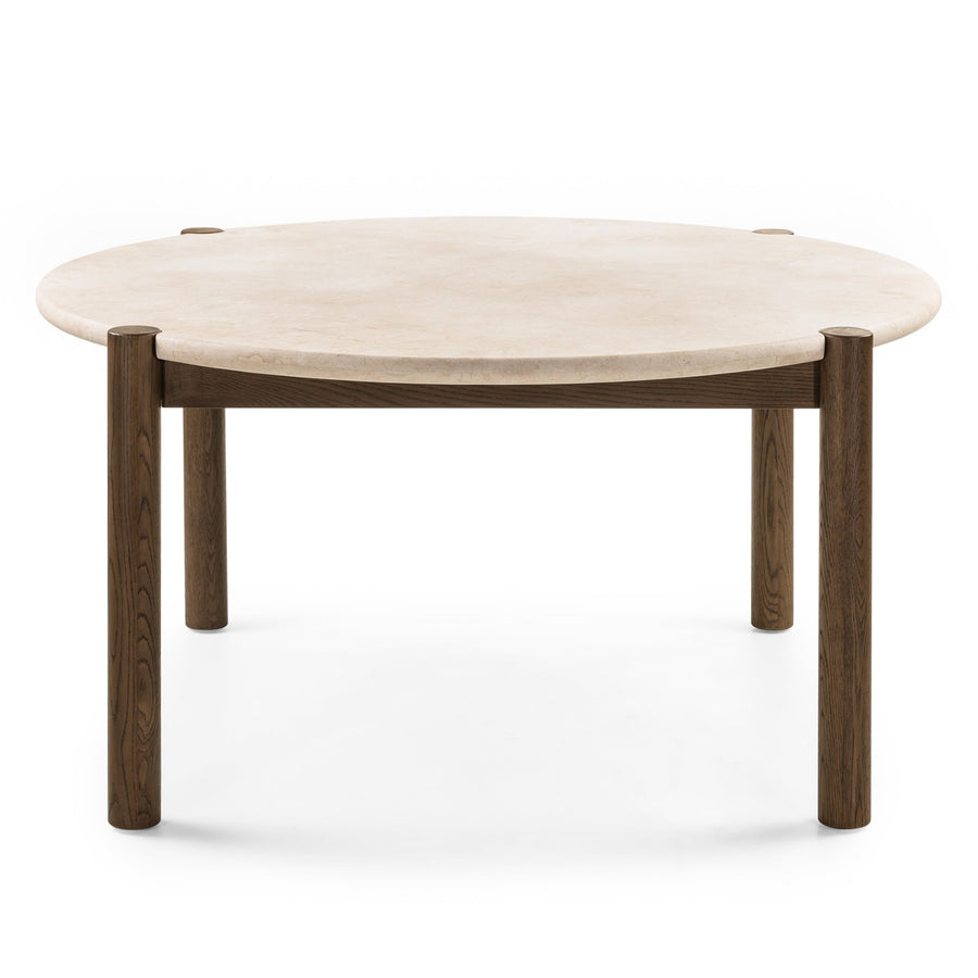 Bruna spisebord 150 cm – rund bordplate i kremfarget marmor og dyp eik (mocha)