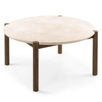 Bruna spisebord 150 cm – rund bordplate i kremfarget marmor og dyp eik (mocha)