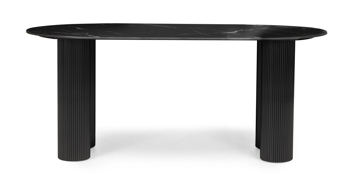 Ribeira ovalt spisebord – 180×90 cm, sort marmoreffekt og dekorlameller
