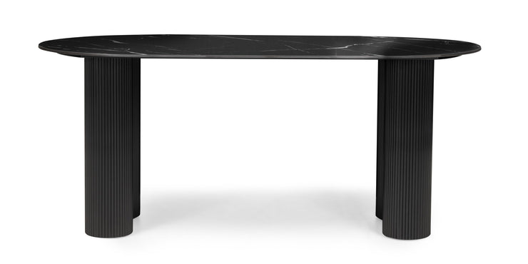 Ribeira ovalt spisebord – 180×90 cm, sort marmoreffekt og dekorlameller