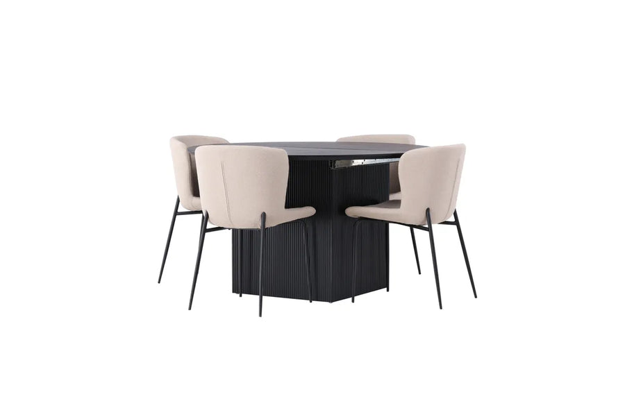 Spisestol Modesto & Matilda 2-pakk + Rund spisebord ⌀130 – beige og svart