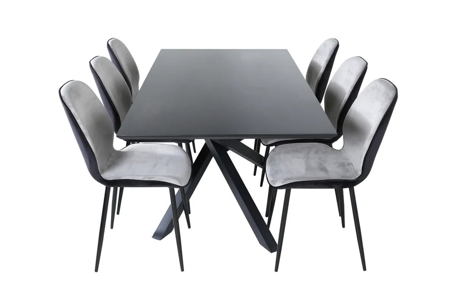 Spisestol Emma & Piazza 2-pakk + Rektangulært spisebord 180 x 90 – grå og svart