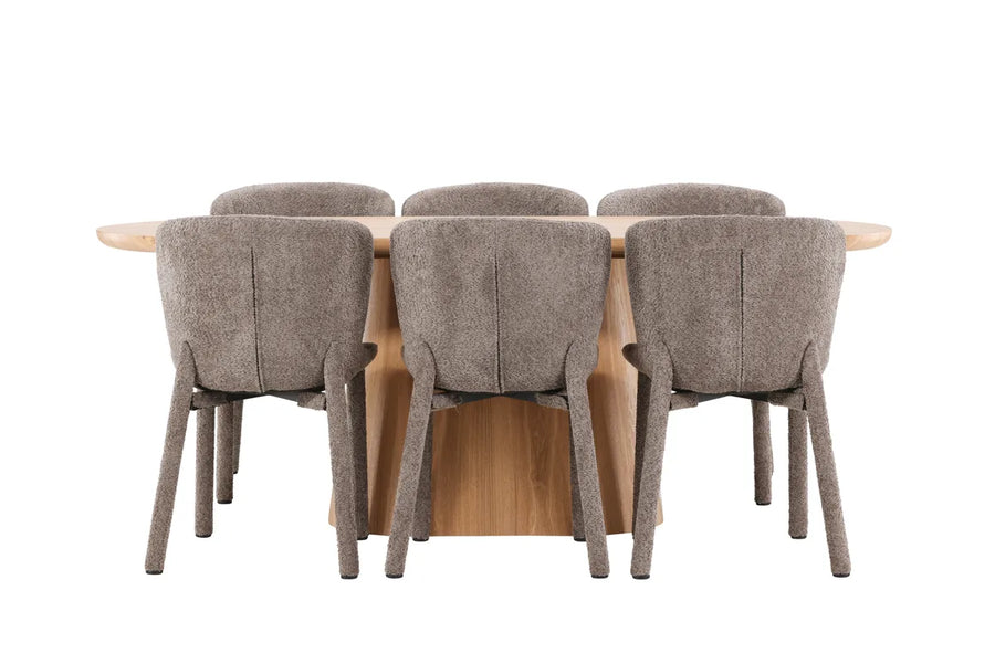 Spisegruppe oval 200 x 90 + 2-pakk spisestol – natur og brun
