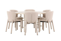 Spisegruppe rund ⌀140 med 2-pakk spisestoler – hvitvasket og beige