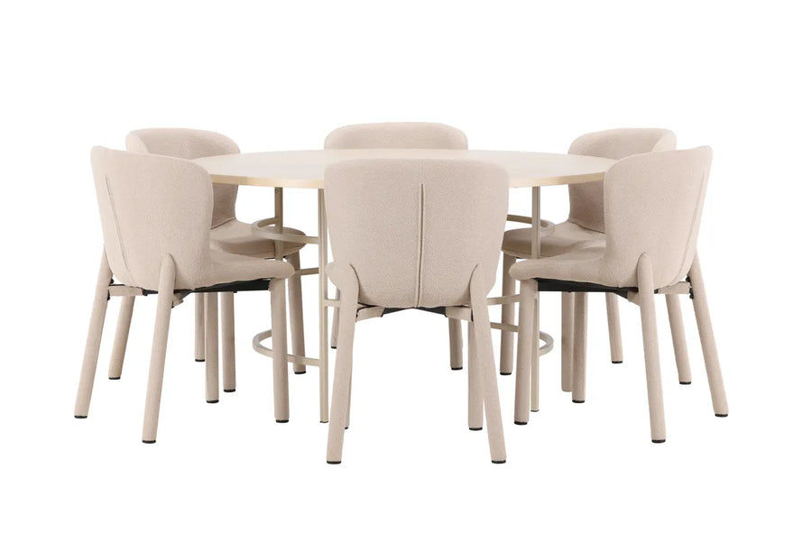 Spisegruppe rund ⌀140 med 2-pakk spisestoler – hvitvasket og beige