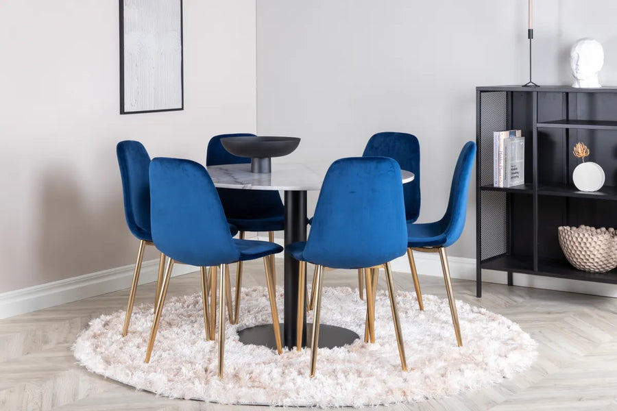 Spisebord Estelle & Polar rundt ⌀106 + 2-pakk spisestoler – hvit og blå