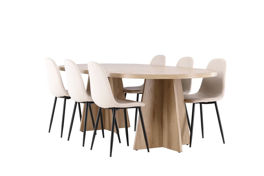 Spisestol Polar & Bootcut 2-pakk + Spisebord ovalt 230 x 115 – beige og natur