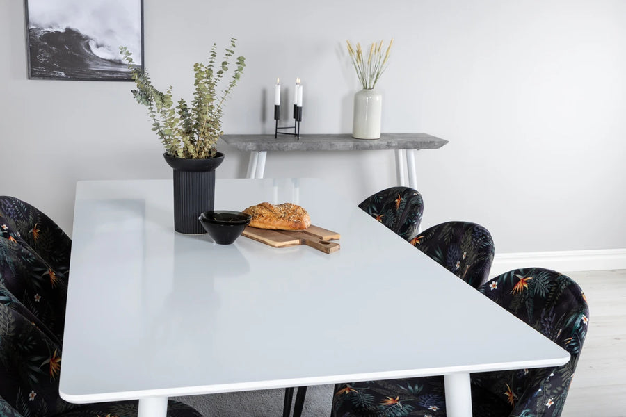 Rektangulært spisebord Polar & Velvet 180 x 90 + spisestol 2-pakk – hvit og svart