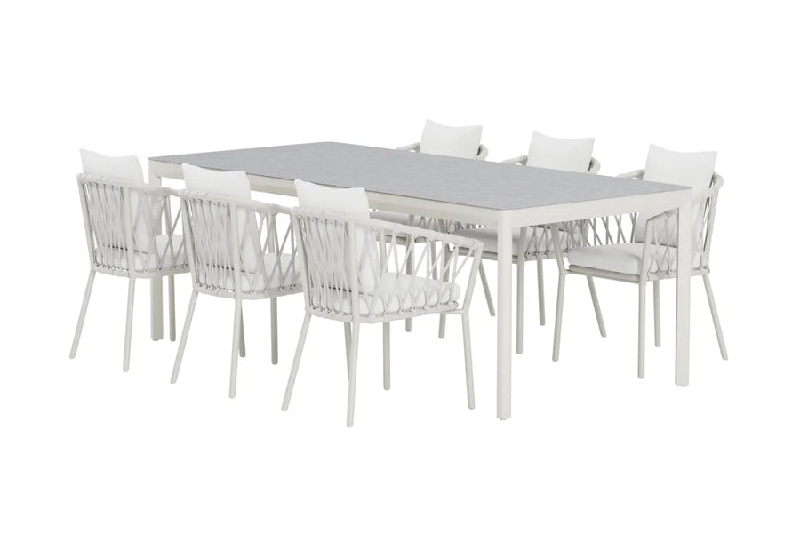 Spisestol 2-pakk Linos & Lino – hvit + rektangulært spisebord 220 x 100 – beige