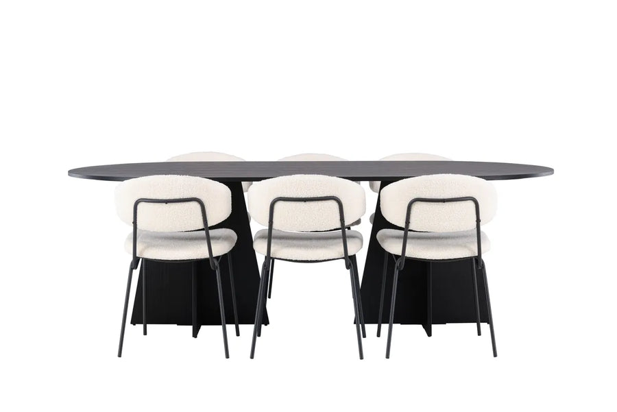 Spisegruppe Bootcut & Chico Oval 230 x 115 + spisestol 2-pakk – svart og hvit