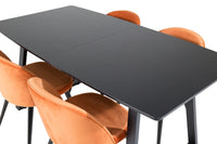 Spisestol Velvet & Inca 2-pakk – rustoransje + Rektangulært spisebord 160 x 85 – svart