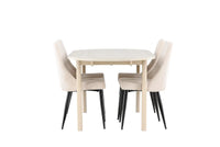 Spisegruppe oval 180 x 90 + 2-pakk spisestoler – hvitvasket og beige