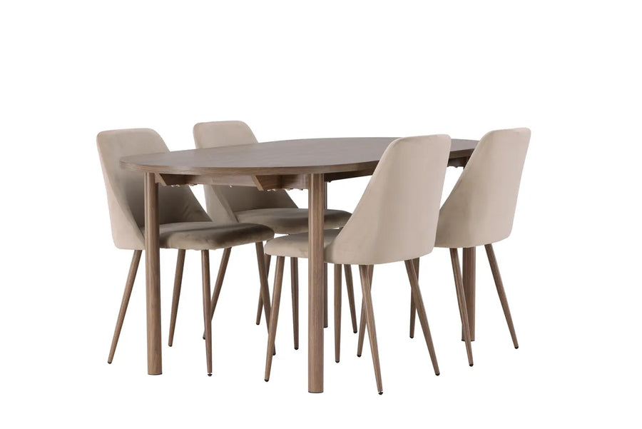 Spisegruppe oval 180 x 90 + 2-pakk spisestoler – natur og beige