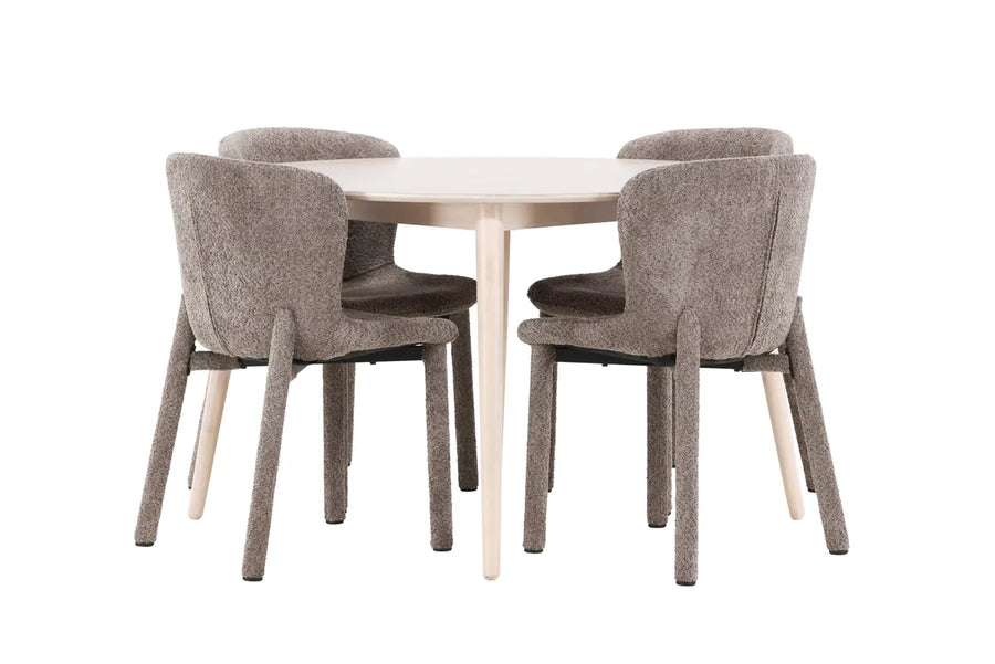 Spisegruppe rund ⌀120 + 2-pakk spisestoler – whitewash og brun