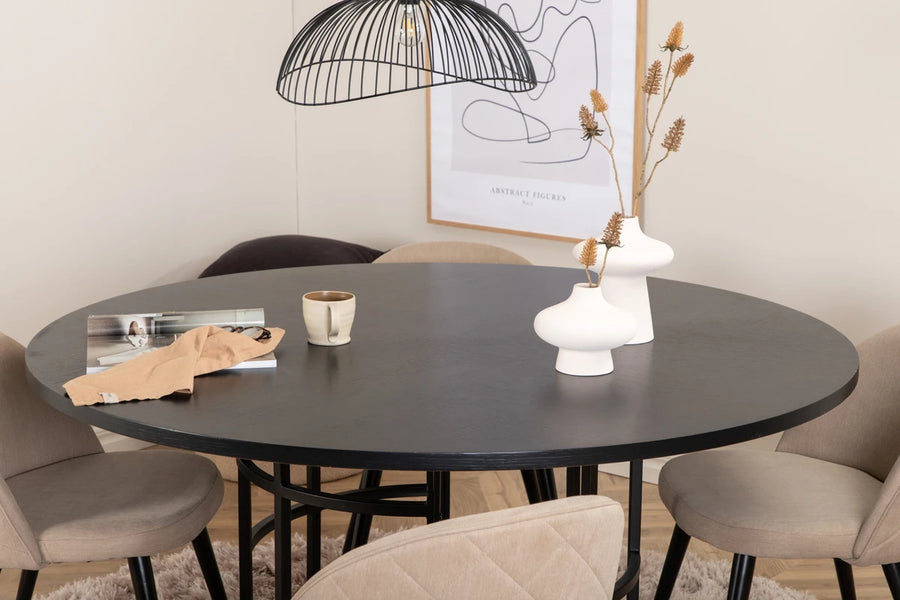 Spisebord rundt ⌀140 – svart + spisestol 2-pakk – beige