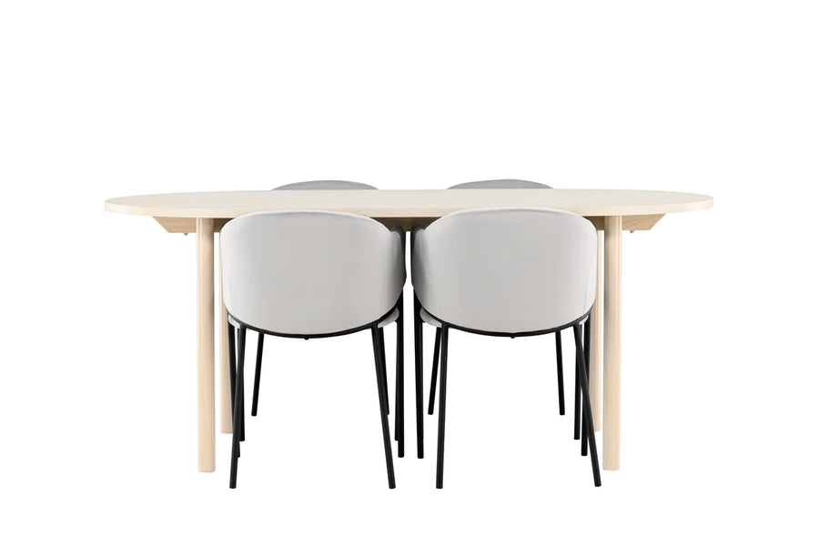 Spisestol Evelina & Andy 2-pakk + Spisebord ovalt 180 x 90 – grå og hvitvasket