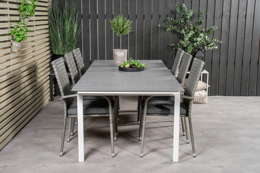 Rektangulært spisebord Levels & Anna 229 × 100 + 2-pakk spisestol – hvit og grå