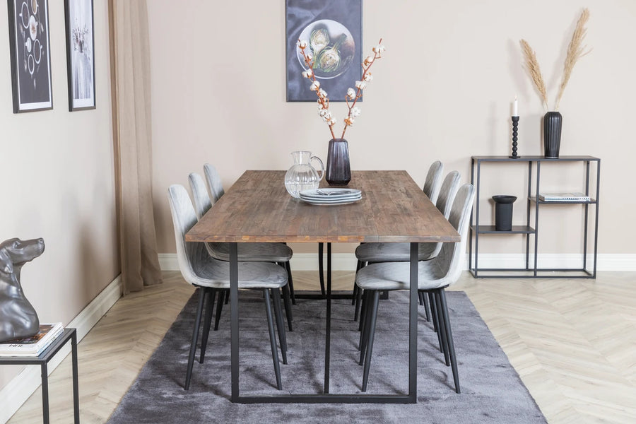 Spisebord Padang & Polar rektangulært 250 x 100 + spisestol 2-pakk – natur og grå
