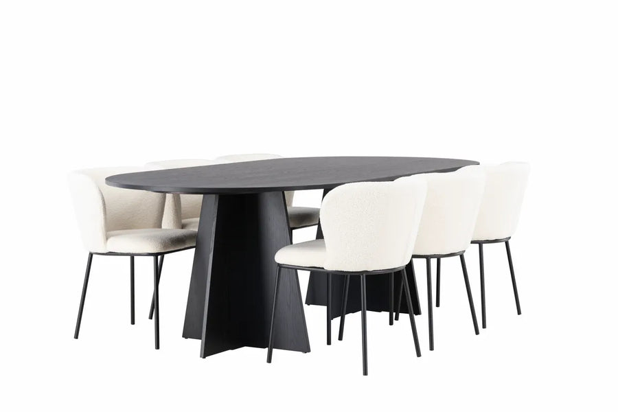 Spisegruppe Bootcut & Edina oval 230 x 115 + spisestol 2-pakk – svart og hvit