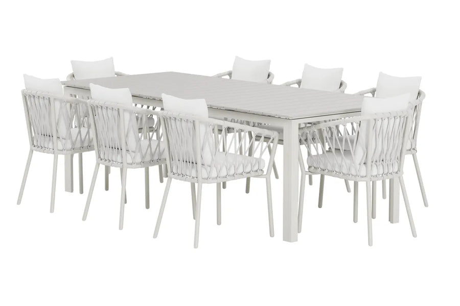 Spisegruppe Levels & Linos 229 × 100 med 2-pakk spisestoler – beige og hvit