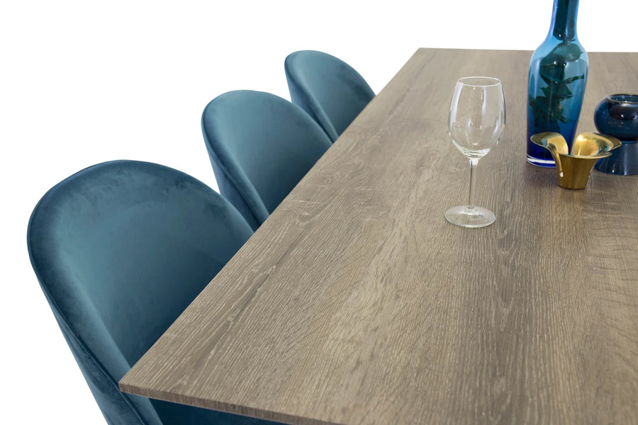 Spisegruppe Velvet & Marina 2-pakk spisestol + rektangulært spisebord 180 x 90 – blå og natur