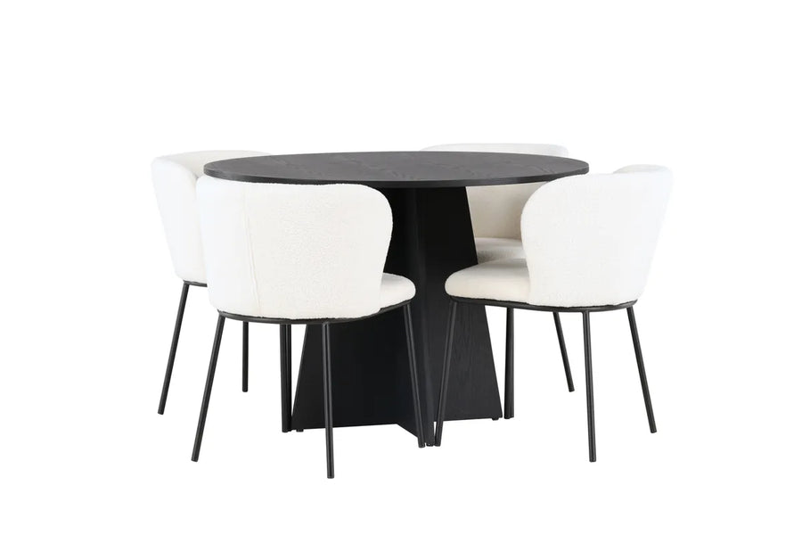 Spisebord Bootcut & Edina rundt ⌀110 – svart + Spisestol 2-pakk – hvit