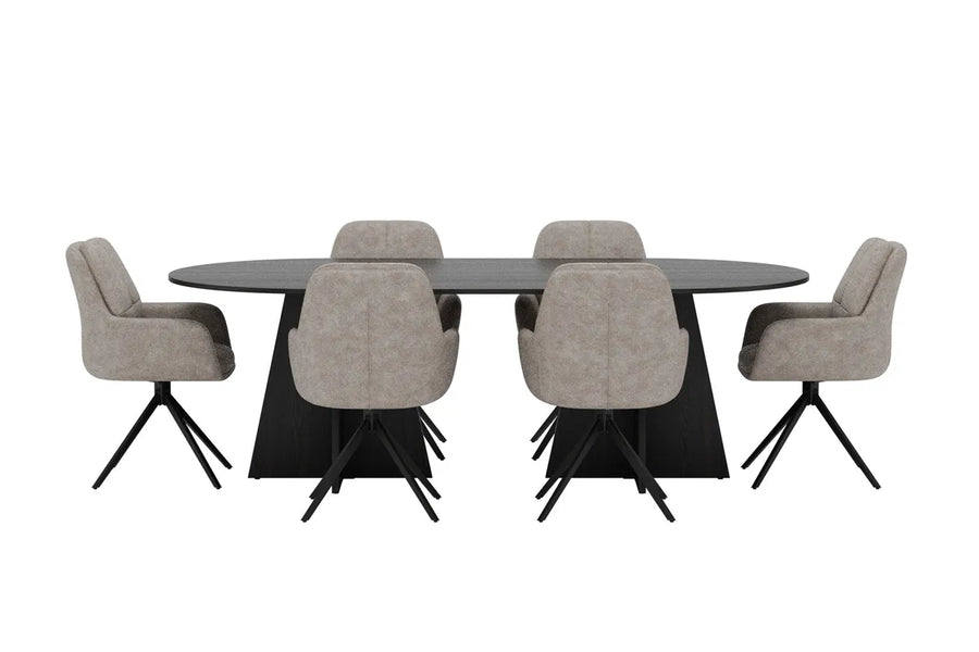 Spisegruppe oval Bootcut & Manchi 230 x 115 + spisestol 2-pakk – svart og brun