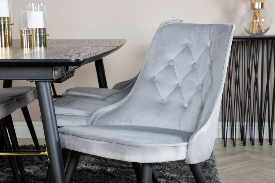 Spisegruppe Gold & Velvet Deluxe 180 x 85 + 2-pakk spisestoler – svart og lys grå