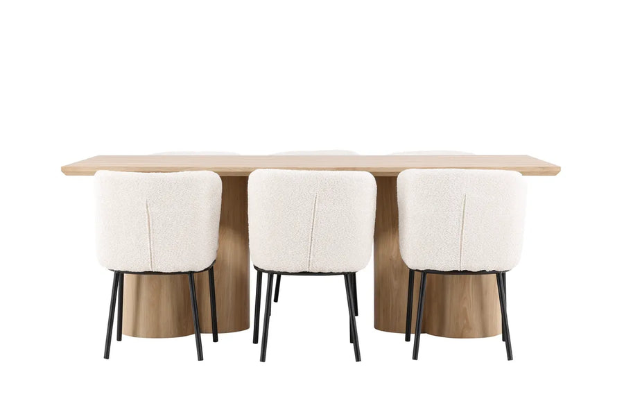 Spisestol Agnes & Olivia 2-pakk + spisebord rektangulært 210 x 100 – hvit og natur