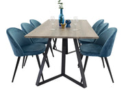 Spisegruppe Velvet & Marina 2-pakk spisestol + rektangulært spisebord 180 x 90 – blå og natur