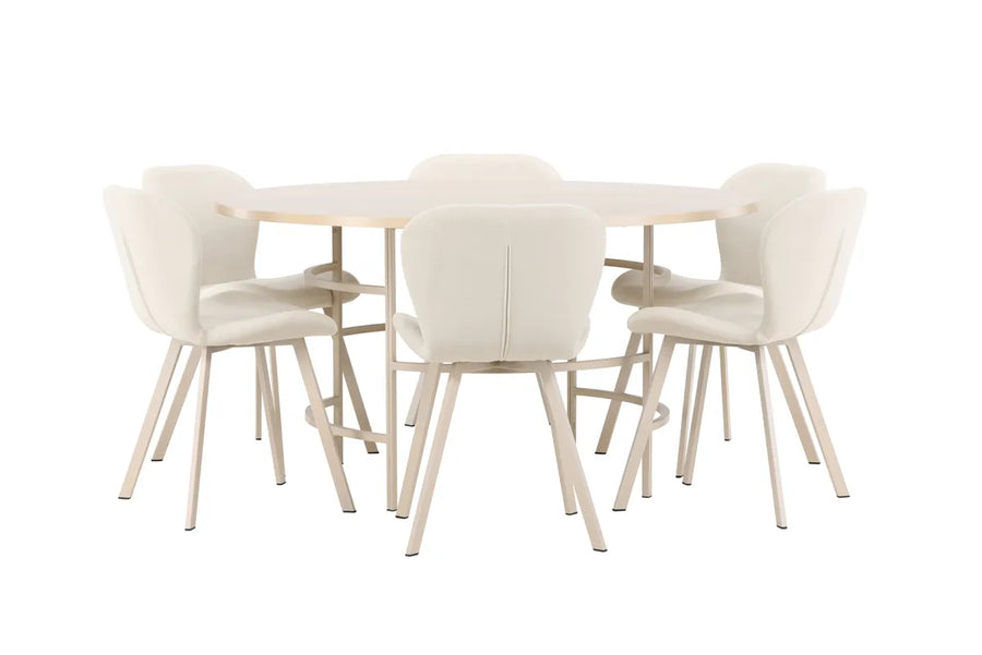 Spisegruppe rund ⌀140 + spisestoler 2-pakk – hvitkalket og beige