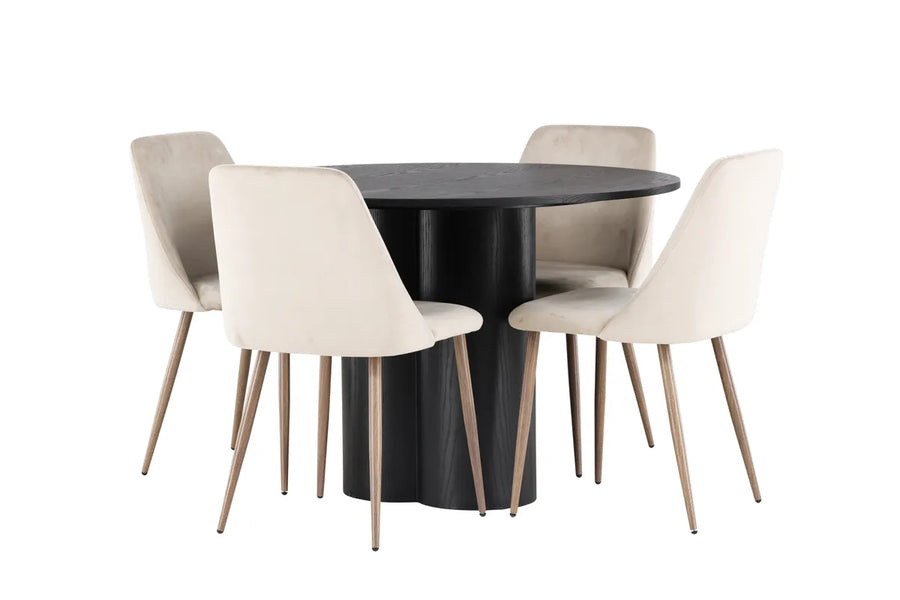 Spisebord Olivia & Night rundt ⌀110 + spisestol 2-pakk – svart og beige