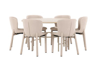 Spisegruppe rund ⌀140 med 2-pakk spisestoler – hvitvasket og beige