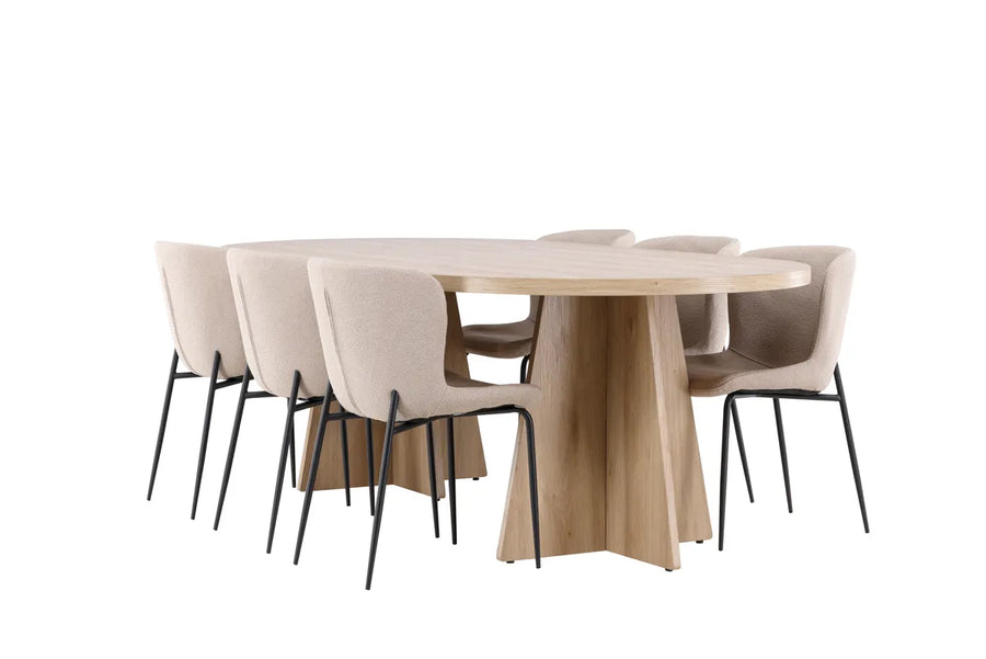 Spisestol Modesto & Bootcut 2-pakk + Spisebord ovalt 230 x 115 – beige og natur