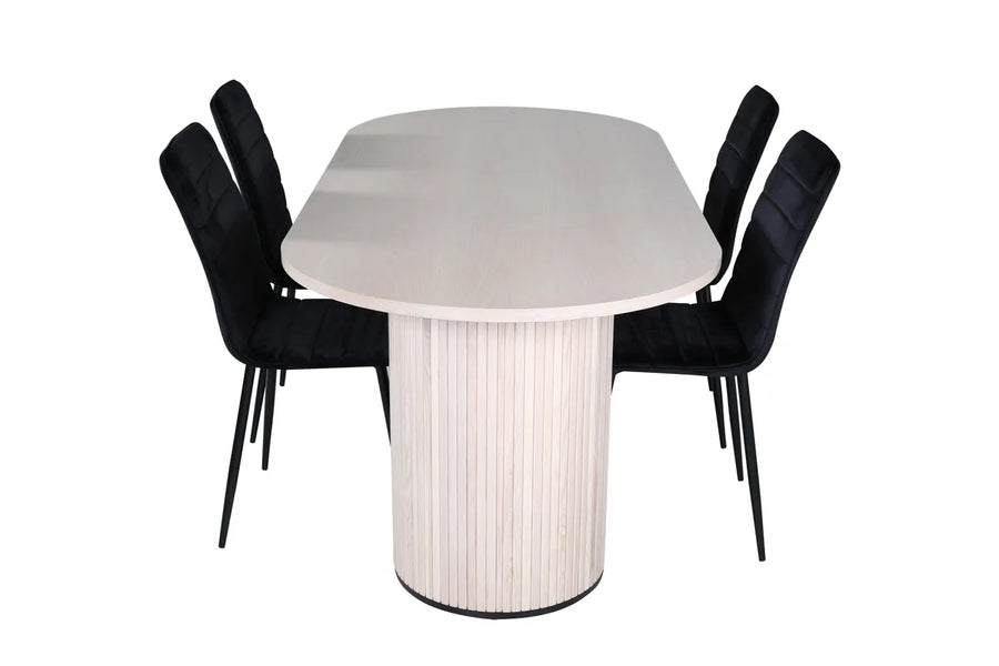 Spisegruppe oval 200 x 90 + spisestol 2-pakk – whitewash og svart