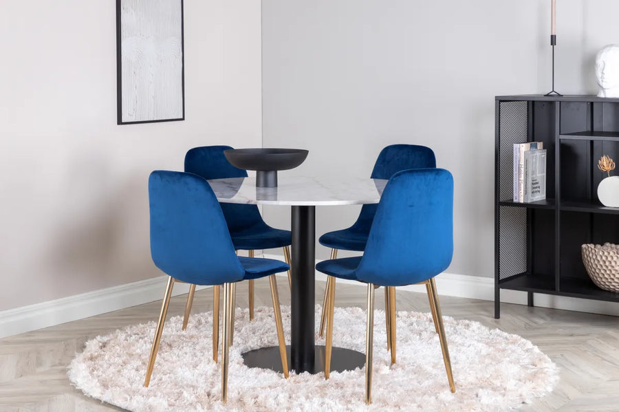 Spisebord Estelle & Polar rundt ⌀106 + 2-pakk spisestoler – hvit og blå