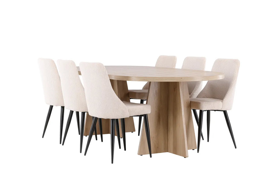 Spisegruppe oval 230 x 115 + 2-pakk spisestoler – natur og beige