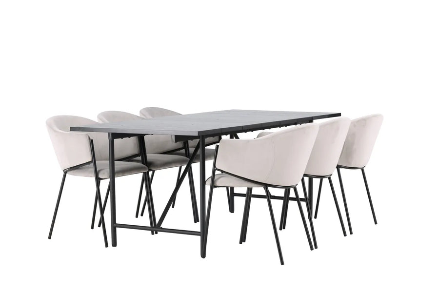 Spisebord Astrid & Evelina 200 x 90 + spisestol 2-pakk – svart og grå