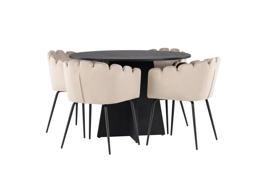 Spisegruppe Limhamn & Bootcut med runde spisebord ⌀110 – beige og svart