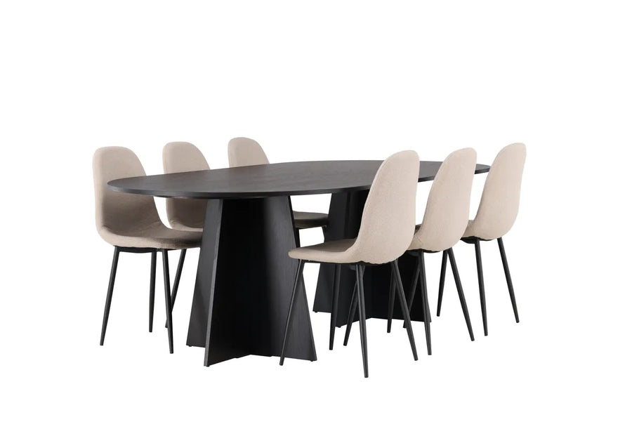 Spisegruppe Bootcut & Polar oval 230 x 115 + 2-pakk spisestol – svart og beige