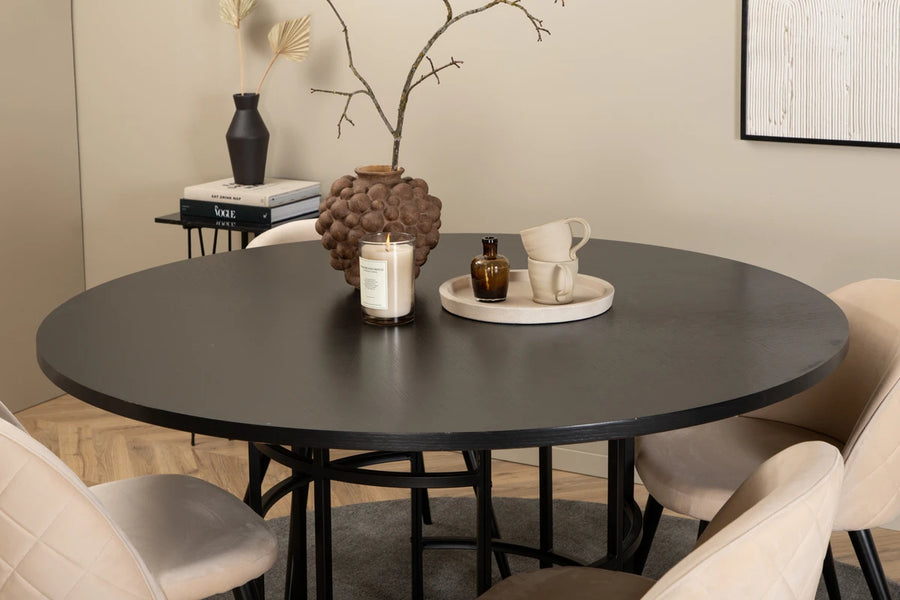 Spisebord rundt ⌀140 – svart + spisestol 2-pakk – beige
