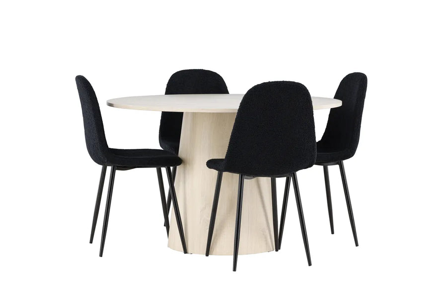 Spisestol Polar & Lanzo 2-pakk + Rundt spisebord ⌀120 – svart og hvitkalket