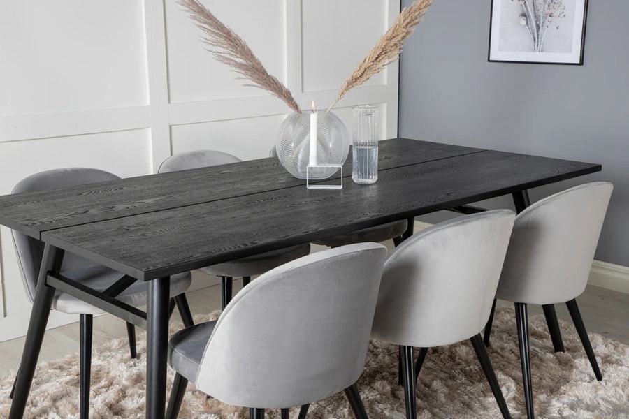 Spisegruppe Sleek & Velvet 195 x 95 + spisestol 2-pakk – svart og grå